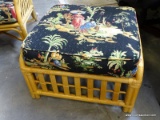 (ROW 1) 1 OF A PAIR OF RATTAN OTTOMANS WITH ORIENTAL STYLE CUSHIONS: 25