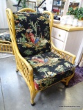 (ROW 1) 1 OF A PAIR OF RATTAN ARM CHAIRS WITH ORIENTAL STYLE CUSHIONS: 25