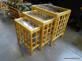 (ROW 1) SET OF 3 RATTAN NESTING TABLES WITH GLASS TOPS: 22