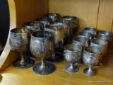 (ROW 3) LOT OF 8 SILVER PLATED AND ENGRAVED BRANDY SNIFTERS AND 8 MINI SILVER PLATED AND ENGRAVED