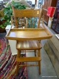 (ROW 3) VINTAGE PRESSED BACK HIGH CHAIR WITH FOLD DOWN TRAY: 18