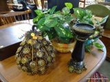 (ROW 3) LOT OF 3 MISC. ITEMS: CANDLE HOLDER, ARTIFICIAL PLANT IN WICKER PLANTER, AND A METAL PUMPKIN