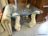 (ROW 5) PAIR OF LARGE ACANTHUS LEAF LEGGED AND STRETCHER BASE END TABLES WITH BEVELED GLASS TOPS: