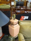 (ROW 5) BRASS BASED ROSE COLORED LAMP WITH ORIENTAL MEDALLION FINIAL: 28