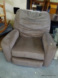 (ROW 5) BROWN UPHOLSTERED ROCKING, SWIVEL, AND RECLINING ARM CHAIR. IN EXCELLENT CONDITION: