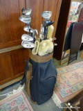 (ROW 5) GOLF BAG WITH GOLD BEAR CLUBS: 4 DRIVERS. 7 WEDGES. AND A PUTTER.