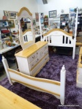 (ROW 6) WHITE PAINTED AND MAPLE FULL SIZE BED WITH FLORAL THEME AND WITH WOODEN RAILS (1 NEEDS A