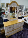 (ROW 6) WHITE PAINTED AND MAPLE 6 DRAWER AND 1 DOOR DRESSER WITH MIRROR IN A FLORAL THEME: