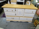 (ROW 6) WHITE PAINTED AND MAPLE 6 DRAWER AND 1 DOOR DRESSER IN A FLORAL THEME: 53.5