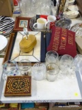 (TABLE ROW 1) MISC. LOT: MUSIC BOX. GLASS COFFEE MUGS. PEWTER CANDLESTICK HOLDER. SLAGGED GLASS