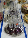 (TABLE ROW 1) LOT OF PURPLE BASED CHAMPAGNE FLUTES AND 3 BLACK BASED RED WINE STEMS. INCLUDES 3