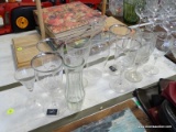 (TABLE ROW 2) MISC. LOT OF GLASSWARE: 4 MIKASA RED WINE STEMS. VASES. BEER MUG. ETC.