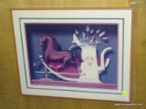(ROW 2) FRAMED AND MATTED PRINT OF A TEAPOT, A HORSE, AND A SLICE OF WATERMELON. IN PINK TONED