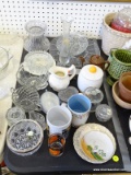 (TABLE ROW 3) LOT OF MISC.: BUD VASE. COFFEE MUGS. CREAMER. CAKE DOME/PUNCH BOWL STAND. MUSTARD JAR.