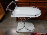 (ROW 2) 1 OF 3 MODERN CHROME AND OPAQUE GLASS TEA CART WITH 1 LOWER SHELF AND 3 WINE BOTTLE HOLDER: