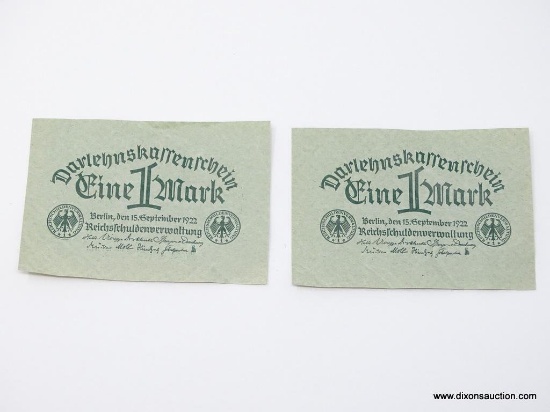 1922 GERMAN INFLATION CURRENCY 1 MARK NOTES