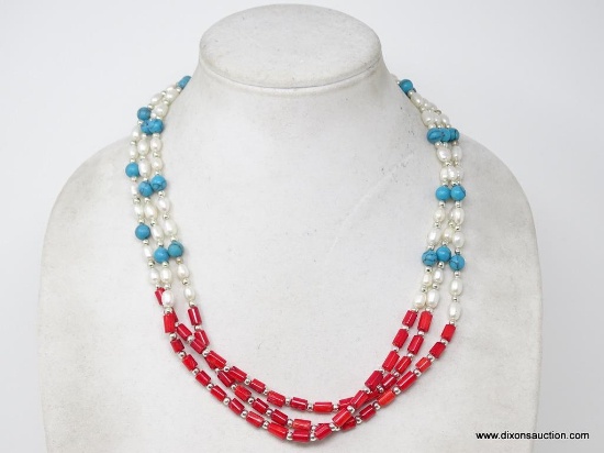 LADIES TURQUOISE, CORAL, SEED PEARL NECKLACE