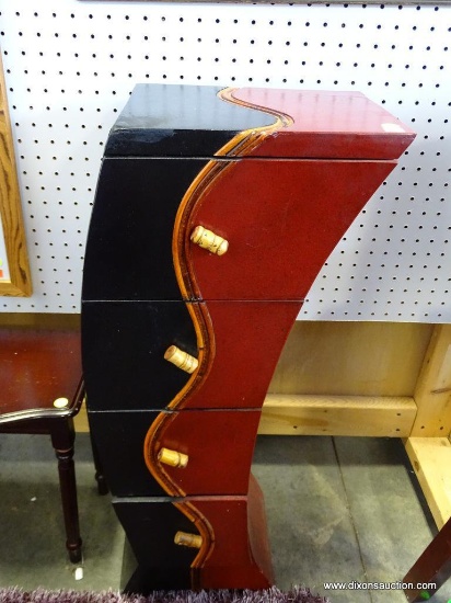 (ROW 2) DESIGNER ACCENT CABINET, CURVED, RED/BLACK/BAMBOO ACCENTS, 4 DRAWERS, 33"x12"X10"