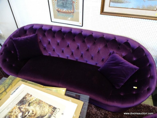 (ROW 2, AGAINST WALL) ROYAL PURPLE MODERN VELVET SOFA WITH TWO MATCHING PILLOWS, CURVED BACK/ARMS,
