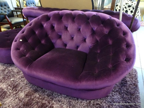 (ROW 3, FACING WALL) ROYAL PURPLE MODERN VELVET LOVESEAT, CURVED ARMS/BACK, 39"DEEPx34"HIGHx60"WIDE