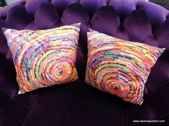 (ROW 2, BACK WALL ON LOVESEAT) SET OF TWO PILLOWS, MULTICOLORED, ZIPPERED REMOVABLE COVERS, 15"x15"