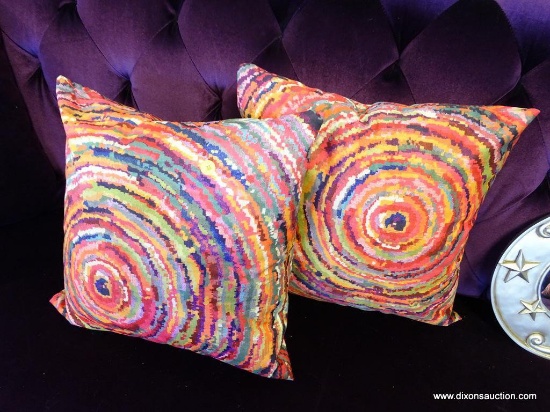 (ROW 2, BACK WALL ON SOFA) SET OF TWO PILLOWS, MULTICOLORED, ZIPPERED REMOVABLE COVERS, 15"x15"