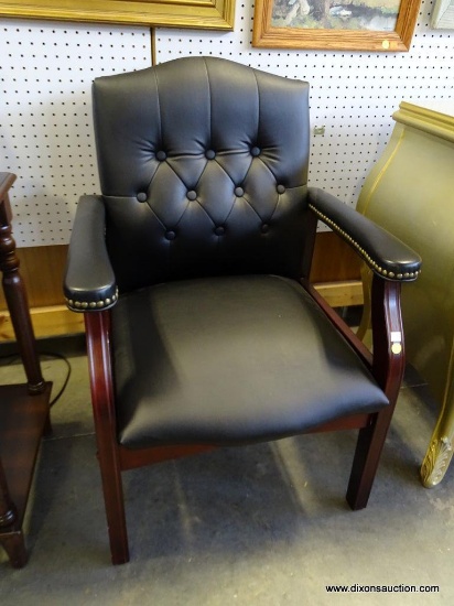 (ROW 2) BLACK VINYL UPHOLSTERED CHAIR PADDED SEAT/BACK/ARMS WITH WOOD TRIM, 35"x25"X26"