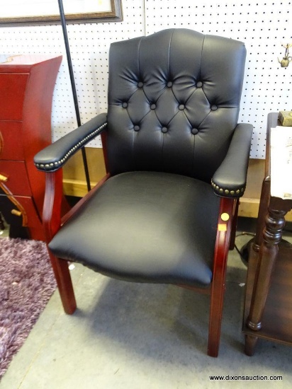 (ROW 2) BLACK VINYL UPHOLSTERED CHAIR PADDED SEAT/BACK/ARMS WITH WOOD TRIM, 35"x25"X26"