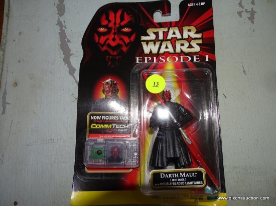 (FRONT, LEFT SIDE, UNDER TABLE) STAR WARS EPISODE 1- DARTH MAUL FIGURINE WITH COMTECH CHIP, BY