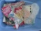 (SEC4, FLOOR) LOT OF MISC FABRIC SCRAPS AND SEGMENTS, MANY PASTEL/LACE/FLORAL IN LT BLUE PLASTIC