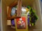 (CENTER LEFT) CARDBOARD BOX LOT OF SMALL RUGS, WOODEN PICTURE FRAMES, HOLIDAY DECOR