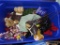 (CENTER LEFT) LARGE BLUE PLASTIC TOTE LOT OF ARTIFICIAL FLOWERS, TEDDY BEARS, HOLIDAY DECOR, ETC