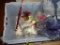 (CENTER LEFT) 2 TUB LOT: CERAMIC FIGURES. ART GLASS ROOSTER. PRECIOUS MOMENTS BOWLER. BACK