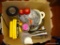 (UNDR TBL SEC1 R) BOX LOT OF KITCHEN ITEMS: CRAFTSMAN COFFEE THERMOS. BLENDER. MEASURING BOTTLE. AND