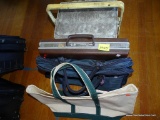 (TBL SEC4 L) MISC. LOT: THERMOS BRAND COOLER. SAMSONITE LEATHER BRIEFCASE. VINYL CARRYING BAGS.