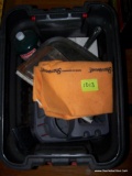 (SEC3, UNDER TABLE) ACTION PACKER TOOL BOX WITH CONTENTS: CLEANING RAGS, DUST PAN. CAR ORGANIZER.