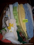 (SEC3, UNDER TABLE) LOT OF MISC KITCHEL LINENS/TOWELS IN CARDBOARD HAMMERMILL PAPER BOX