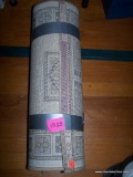 (SEC3, UNDER TABLE) HALLWAY RUNNER RUG, TAN WITH BLUE/RED ORIENTAL BLOCK DESIGN, EXCELLENT/LIKE NEW
