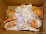 (SEC4, UNDER TABLE) LOT OF 3 VINTAGE DOLLS IN CARDBOARD BOX FROM LOWES