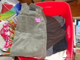 (SEC4, FLOOR) LOT OF ASSORTED ADULT PANTS/JEANS IN RED PLASTIC STORAGE BIN