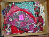 (SEC4, FLOOR) LOT OF FABRIC SCRAPS/ SWATCHES, MANY HOLIDAY THEMED, IN FLAT CARDBOARD BOX