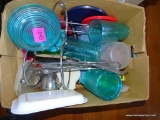 (SEC4, FLOOR) LOT OF MISC KITCHENWARE, CLEAR AND TEAL INCLUDING TUMBLERS, FLATWARE, AND STORAGE