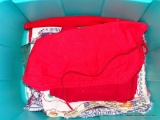 (SEC4, FLOOR) LOT OF MISC HOLIDAY LINENS AND POP-UP MESH HAMPER IN TEAL PLASTIC STORAGE BIN