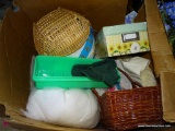 (SEC3 FLOOR) 2 BOX LOT: BASKETS. FAKE SNOW. YARN. CROCHETED AFGHAN. AND MORE!