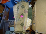 (CENTER LEFT) CARDBOARD BOX LOT OF SMALL THROW RUGS AND MISC LINENS