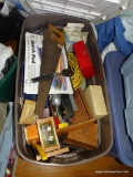 (CENTER LEFT) LARGE TUB LOT: HUMIDOR. ELECTRICAL CORD. BIRD FEEDER. SKETCH PAD. AND SO MUCH MORE!