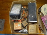 (CENTER) BOX OF NEW AND OLD REPLACEMENT PARTS INCLUDING FILTERS FOR THERMOS AND WICKS FOR KEROSENE
