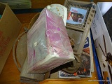 (CENTER) BOX OF MISC HOUSEHOLD ITEMS, TOILET PAPER HOLDER, PLASTIC CONSOLE STORGE UNIT, ETC