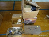 (CENTER ON FLOOR) LOT OF 4 MISC BOXES, INCLUDING MUGS, NYLON BINDING, NEW SEAT COVERS, TOOLBOX