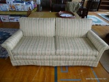 (CENTER, BACK) IVORY/PASTEL/FLORAL STRIPED SOFA, 2 CUSHIONS WITH ATTACHED BACK, 33
